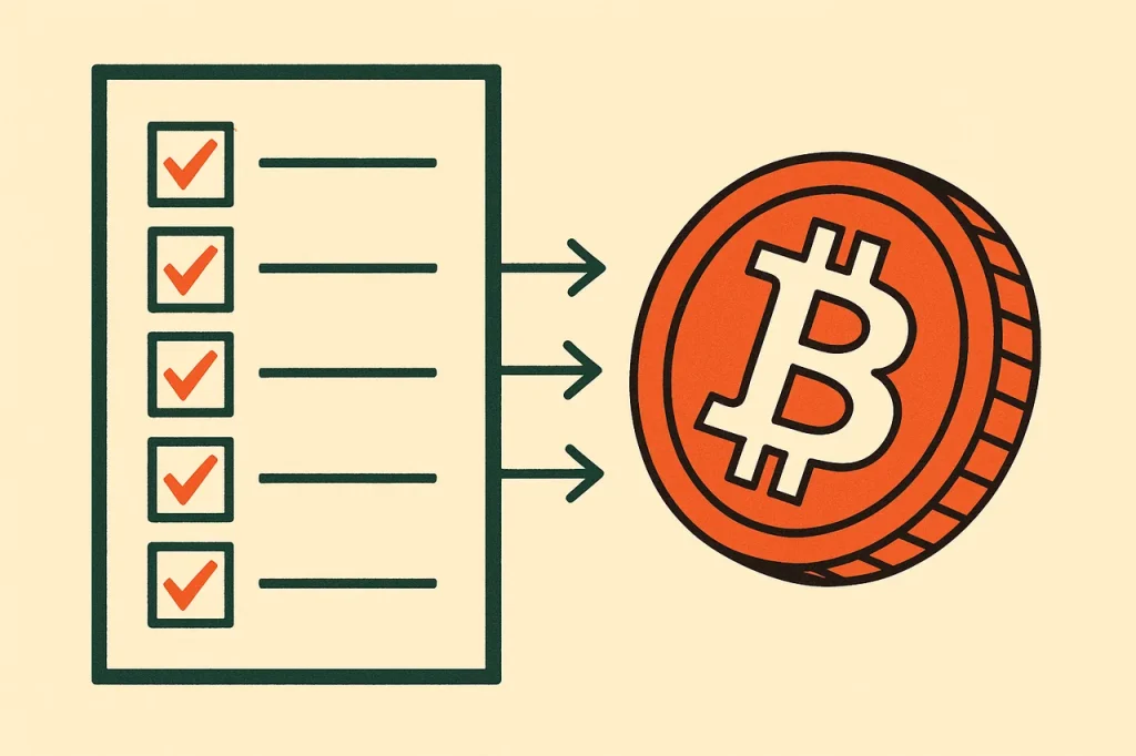 Selection criteria for the crypto casino shortlist. Vertical checklist beside a large stylised crypto coin.