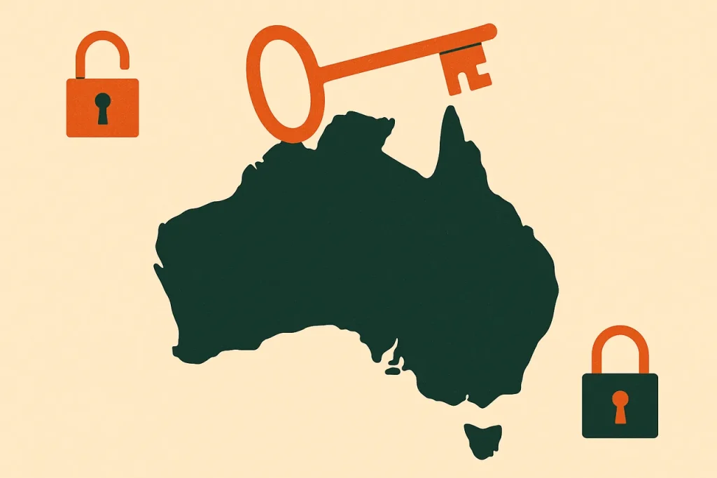 Is online gambling legal in Australia . coral key hovering above Australia with one open padlock and one closed padlock, illustrating the operator versus player legality split.