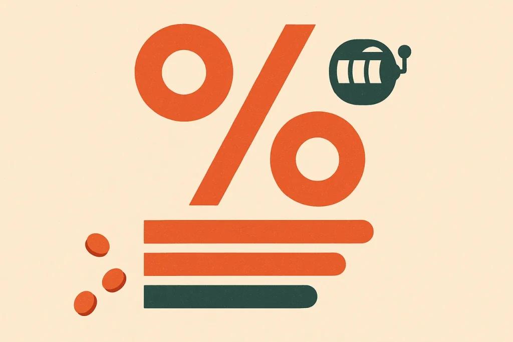 Pokies RTP explained. Large percentage symbol with three coloured RTP-tier bars and a pokie reel indicator.