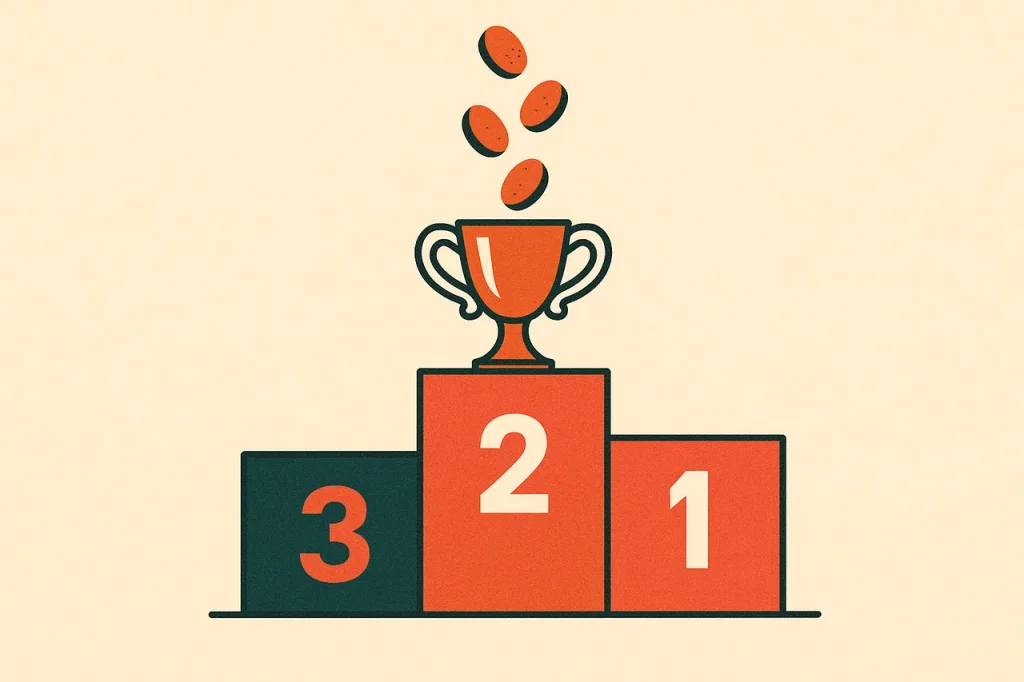 Jackpot pokies podium ranking. Three podium blocks in a 3-2-1 ranking with a trophy on the tallest and coin cascade.