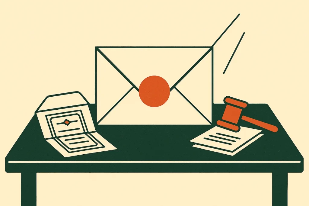 Offshore casino payout dispute resolution for Australian players. Sealed envelope, gavel and complaint form on a mediation desk.