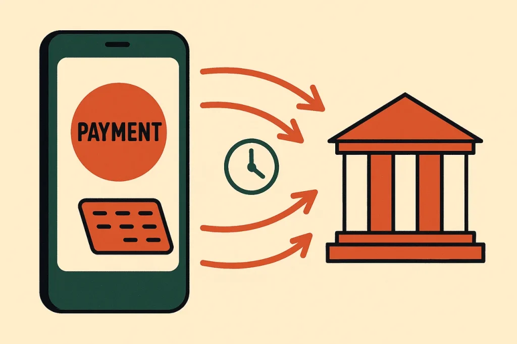 PayID for casino deposits. Smartphone with payment badge routing directly to a bank building via the New Payments Platform.