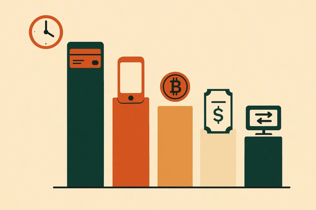 Casino payment method speed comparison. Vertical bars ranked from fastest PayID down to slowest bank transfer.