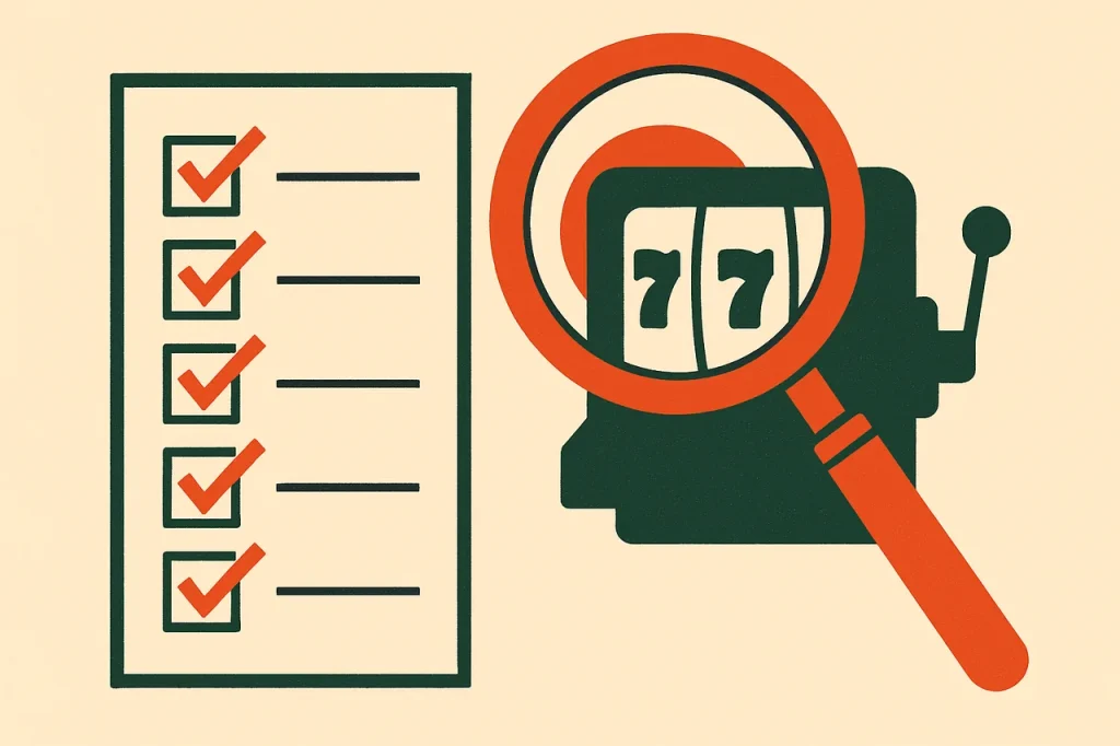 Six-check shortlist criteria for real-money pokies casinos. Checklist card and magnifying glass over a pokie reel.